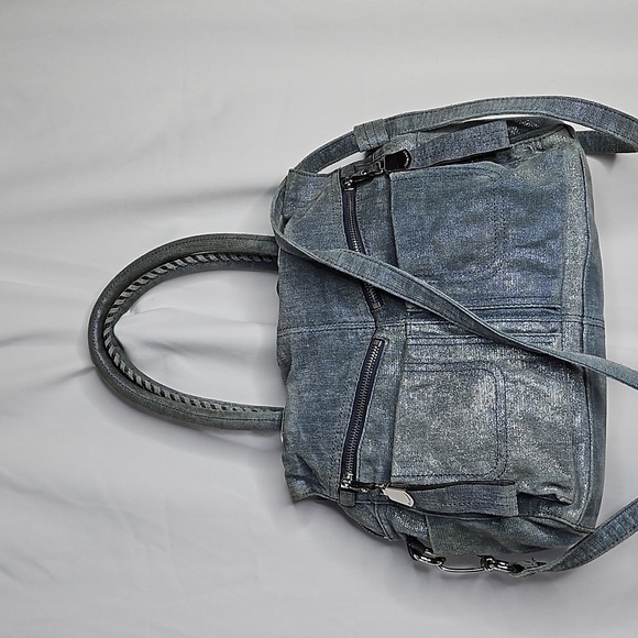 B MAKOWSKY BLUE WITH SILVER SHIMMER HANDBAG PURSE - Picture 1 of 11